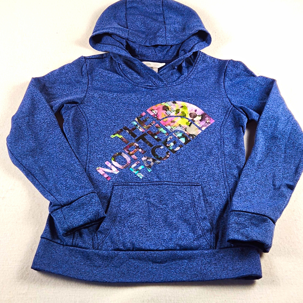 The North Face Blue Pullover Hoodie Colorful Logo Kangaroo Pocket Sz S